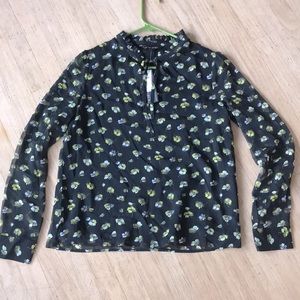 Flower Ruffle Tie Neck Blouse